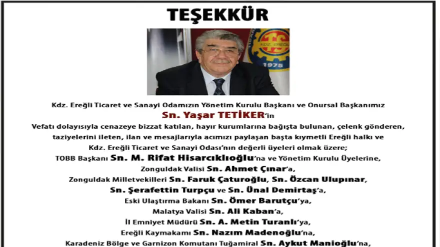 TSO’dan, taziyeler için teşekkür mesajı..