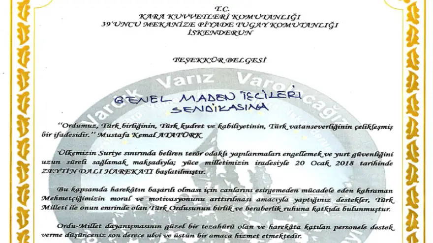 TSK’DAN MADENCİYE TEŞEKKÜR