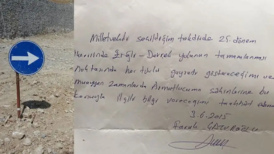 Ereğli-Devrek yolu için el yazısı ile taahhüt imzaladı

