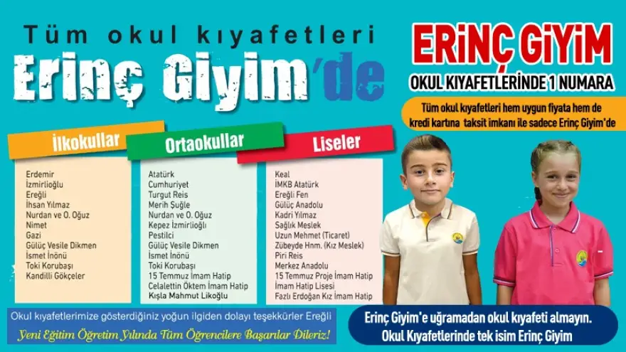 Tüm okul kıyafetleri Erinç Giyim'de