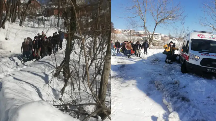 Köy yolu kapandı, rahatsızlanan hasta ambulansa sedye ile taşındı