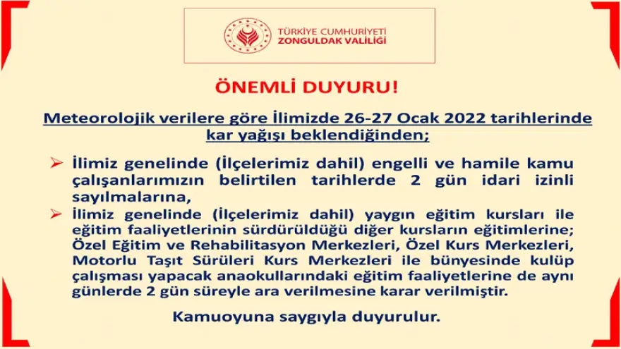 Kamu görevlilerine kar nedeniyle idari izin...