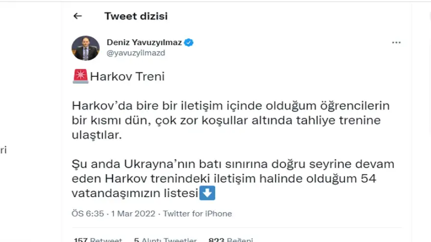 Yavuzyılmaz: Ukrayna’da mahsur kalan 54 vatandaşımız tahliye trenine ulaştı!
