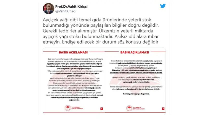 Bakan Kirişci'den 'ayçiçek yağı' açıklaması