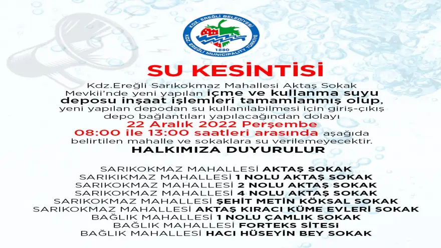 Ereğli'de bazı mahallelerde 5 Saat su kesintisi yaşanacak...