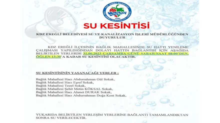 Bağlık Mahallesi’nde Çarşamba Günü Su Kesintisi Yapılacak